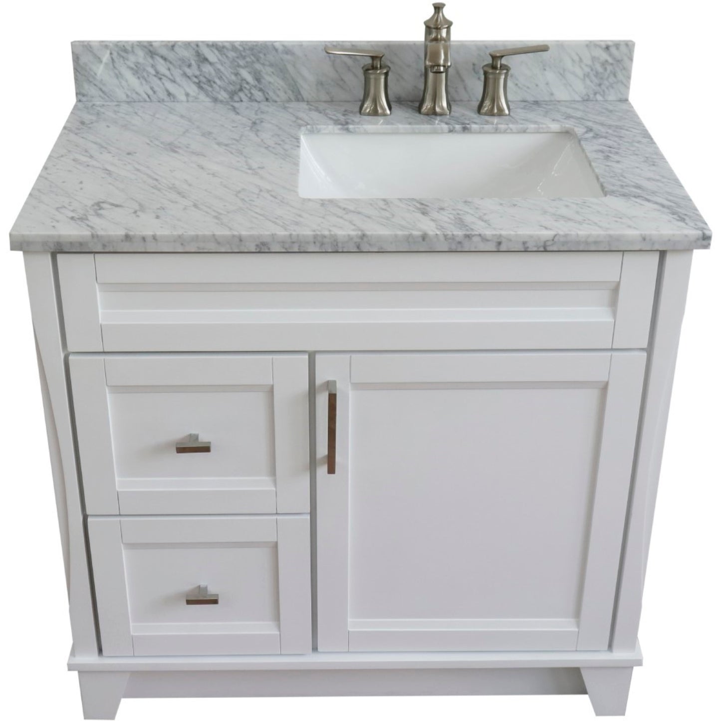 37" Single sink vanity in White finish with White Carrara marble and LEFT rectangle sink RIGHT drawers