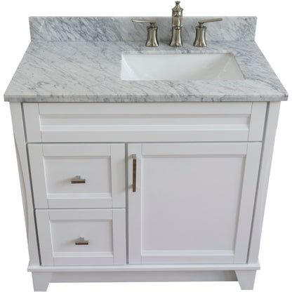 37" Single sink vanity in White finish with White Carrara marble and LEFT rectangle sink RIGHT drawers