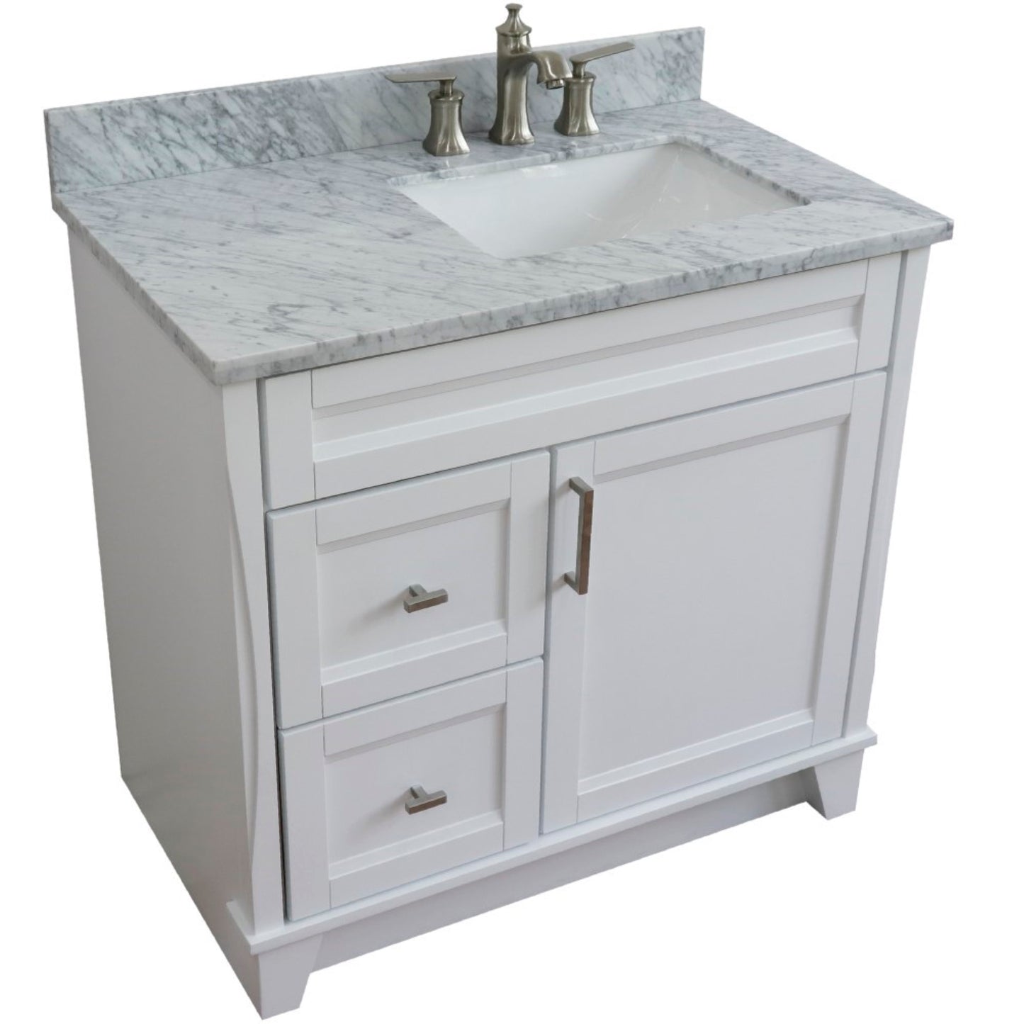37" Single sink vanity in White finish with White Carrara marble and LEFT rectangle sink RIGHT drawers