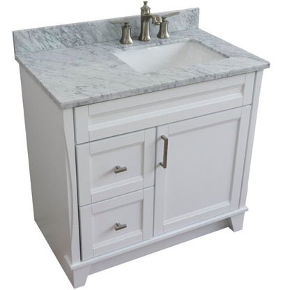 37" Single sink vanity in White finish with White Carrara marble and LEFT rectangle sink RIGHT drawers