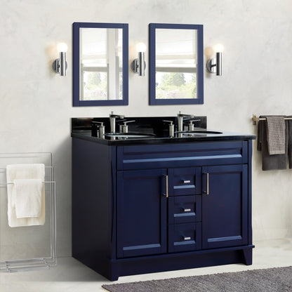 49" Double sink vanity in Blue finish with Black galaxy granite and oval sink