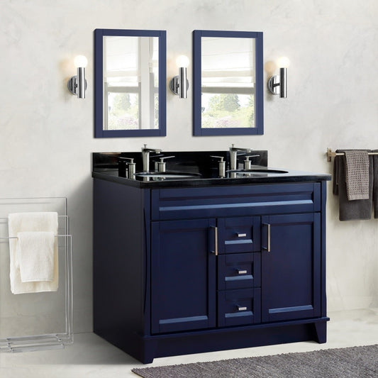 49" Double sink vanity in Blue finish with Black galaxy granite and oval sink