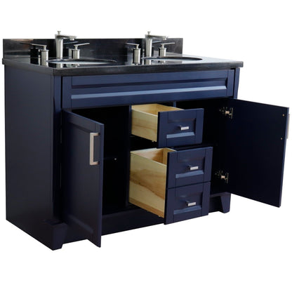 49" Double sink vanity in Blue finish with Black galaxy granite and oval sink