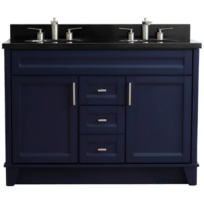 49" Double sink vanity in Blue finish with Black galaxy granite and oval sink