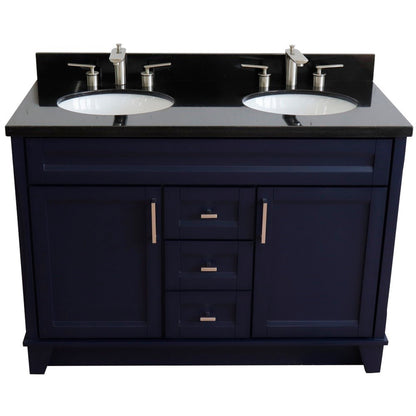 49" Double sink vanity in Blue finish with Black galaxy granite and oval sink