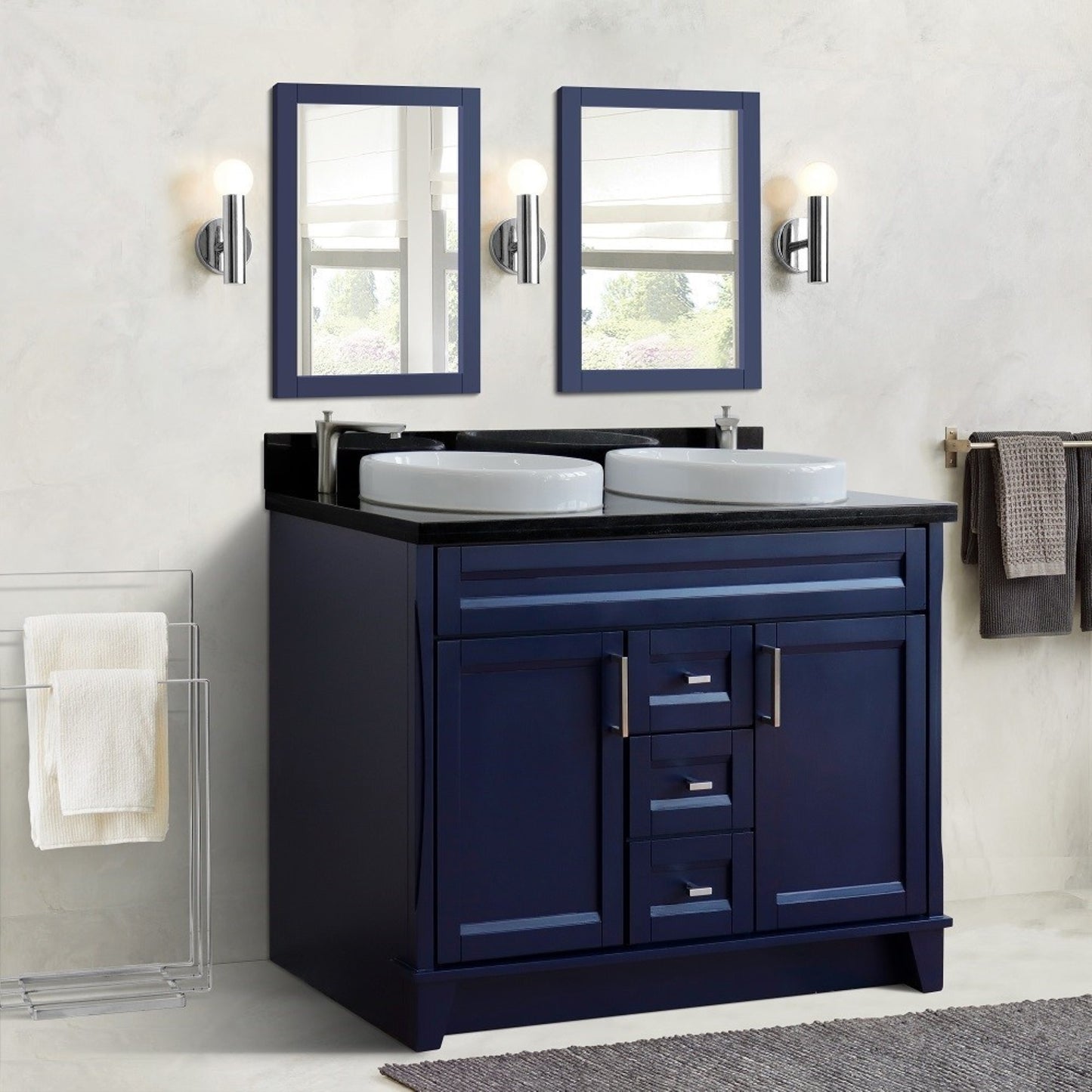 49" Double sink vanity in Blue finish with Black galaxy granite and round sink