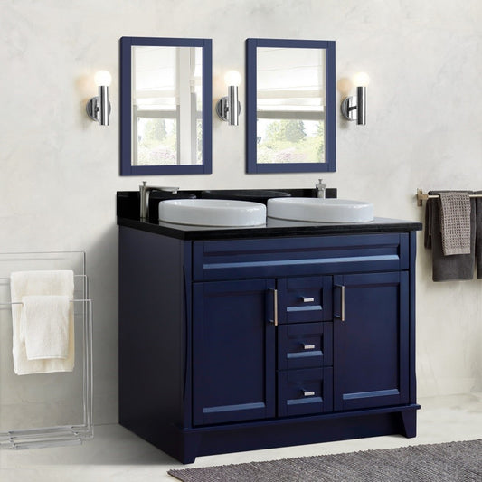 49" Double sink vanity in Blue finish with Black galaxy granite and round sink
