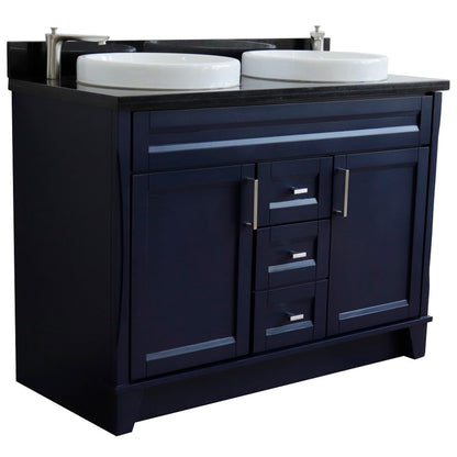 49" Double sink vanity in Blue finish with Black galaxy granite and round sink