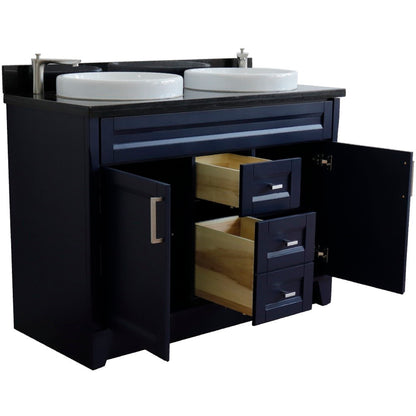 49" Double sink vanity in Blue finish with Black galaxy granite and round sink