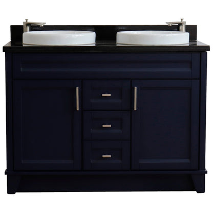 49" Double sink vanity in Blue finish with Black galaxy granite and round sink