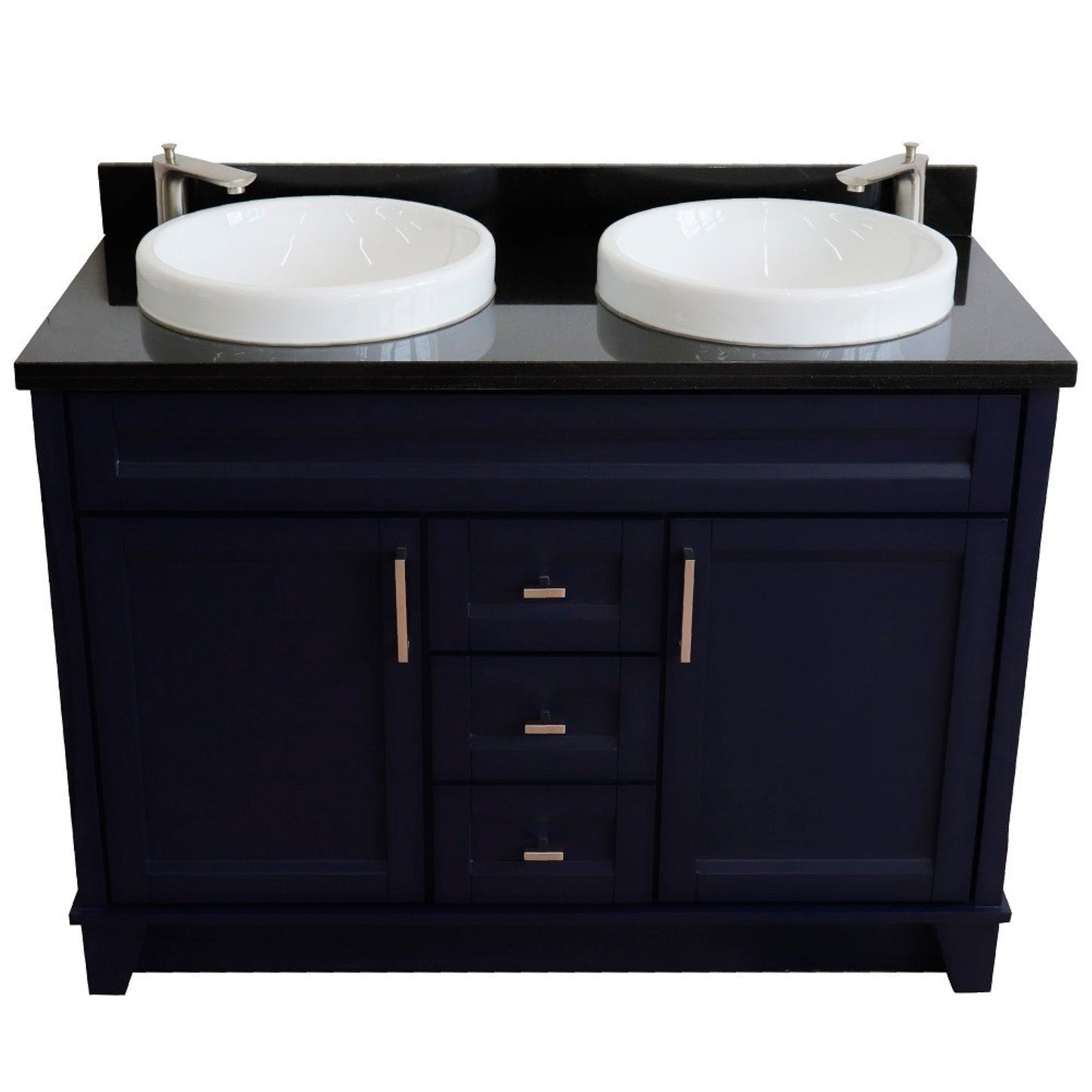 49" Double sink vanity in Blue finish with Black galaxy granite and round sink