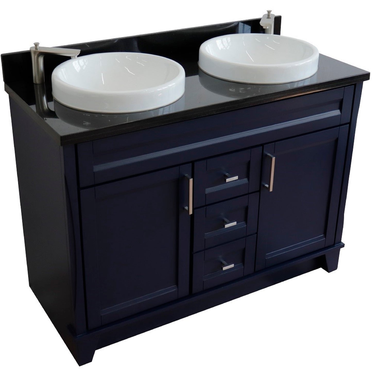49" Double sink vanity in Blue finish with Black galaxy granite and round sink