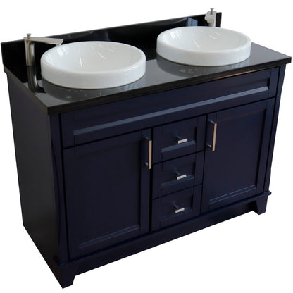 49" Double sink vanity in Blue finish with Black galaxy granite and round sink