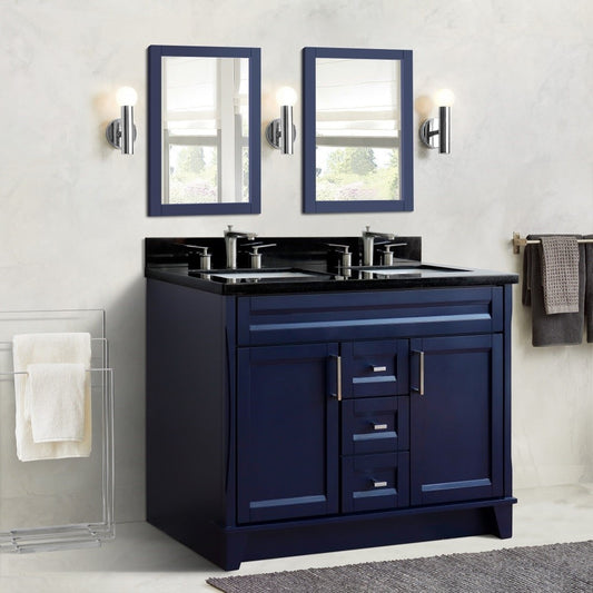 49" Double sink vanity in Blue finish with Black galaxy granite and rectangle sink