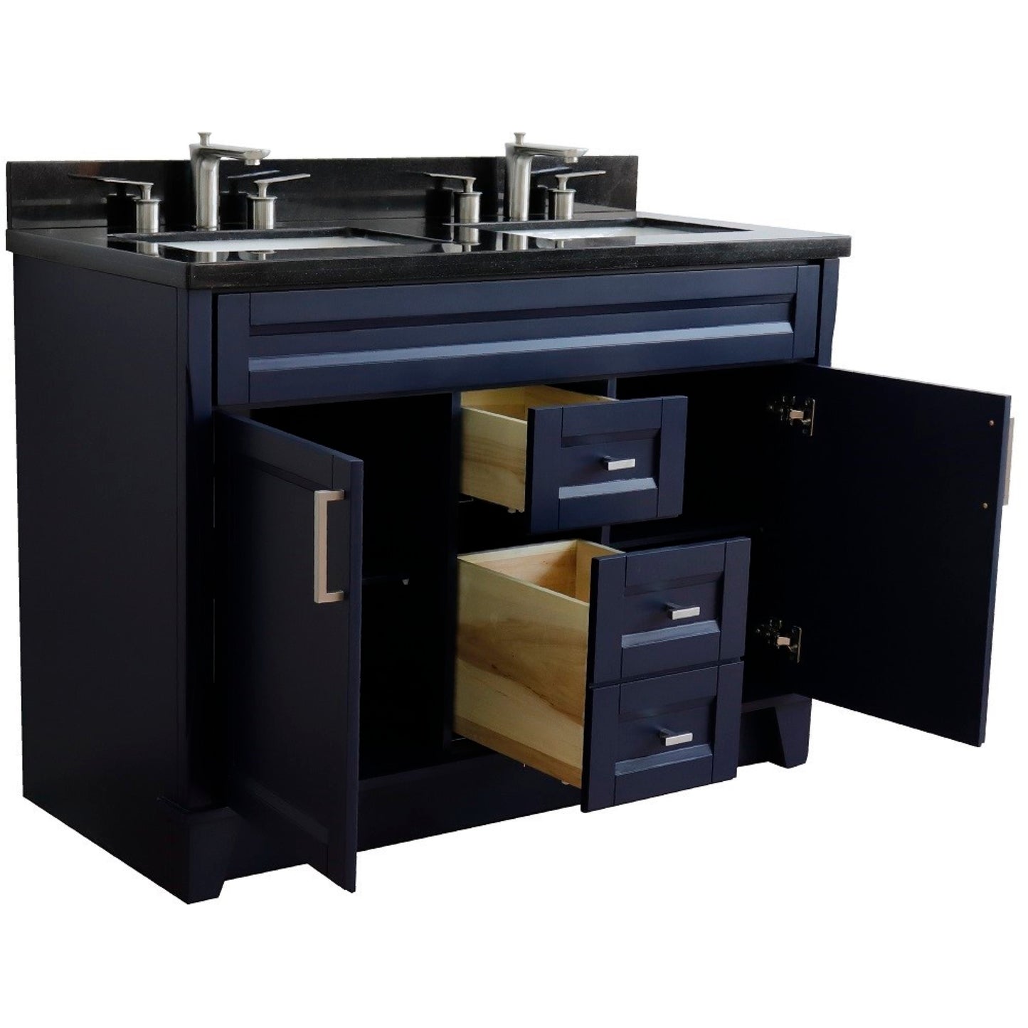 49" Double sink vanity in Blue finish with Black galaxy granite and rectangle sink