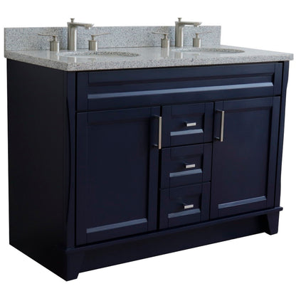49" Double sink vanity in Blue finish with Gray granite and oval sink