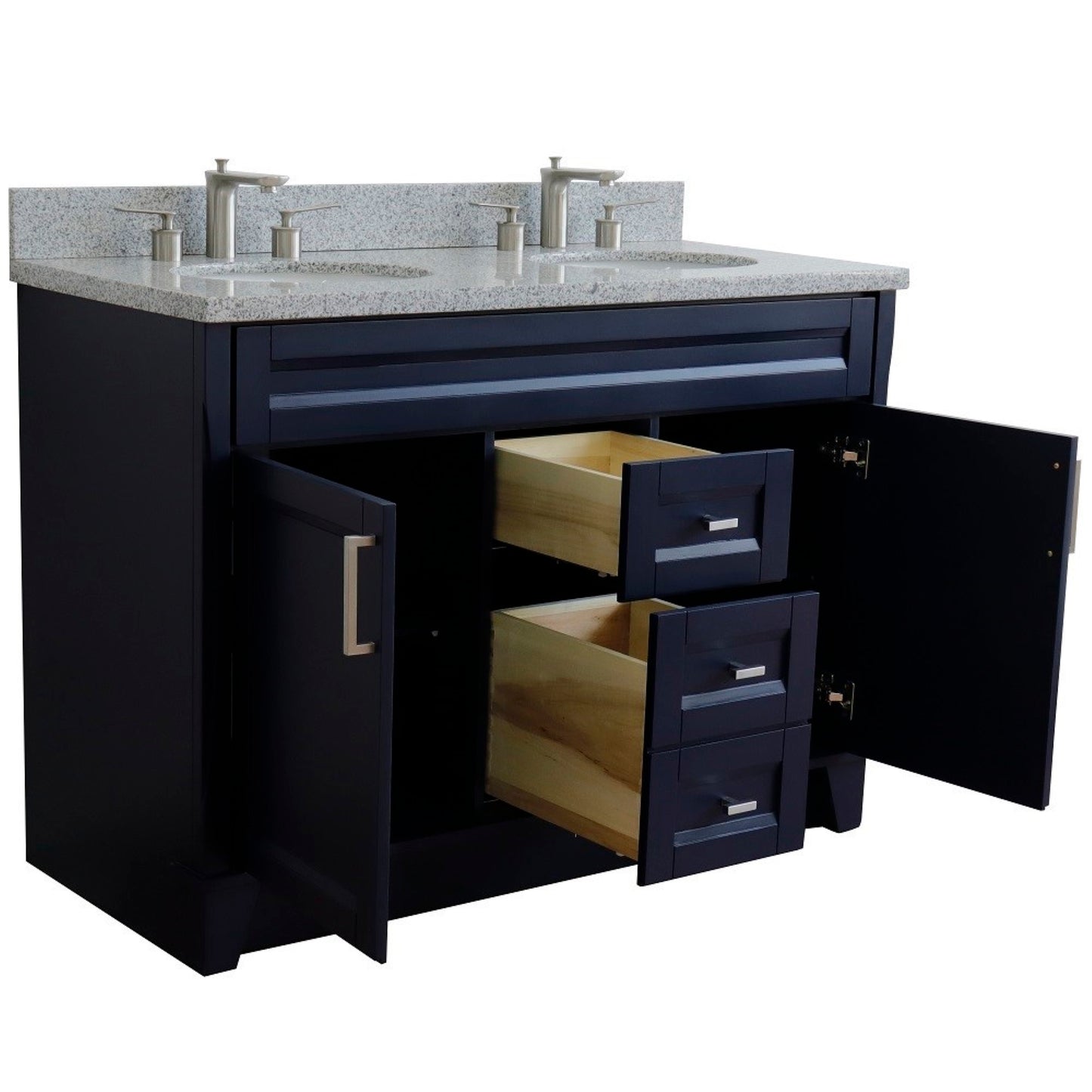 49" Double sink vanity in Blue finish with Gray granite and oval sink