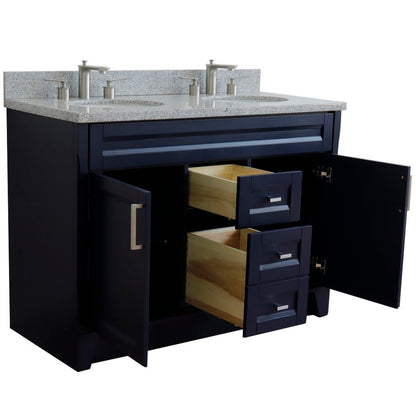 49" Double sink vanity in Blue finish with Gray granite and oval sink