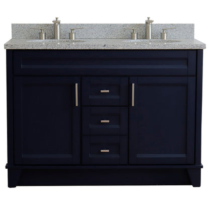 49" Double sink vanity in Blue finish with Gray granite and oval sink