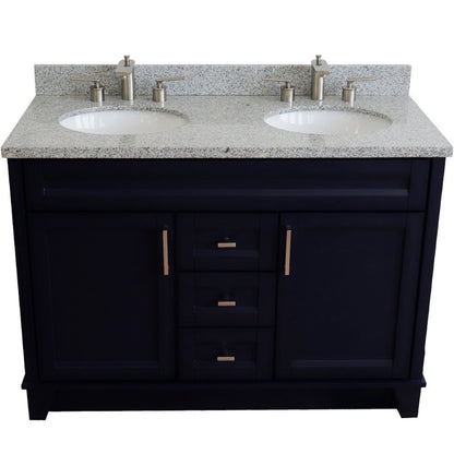 49" Double sink vanity in Blue finish with Gray granite and oval sink