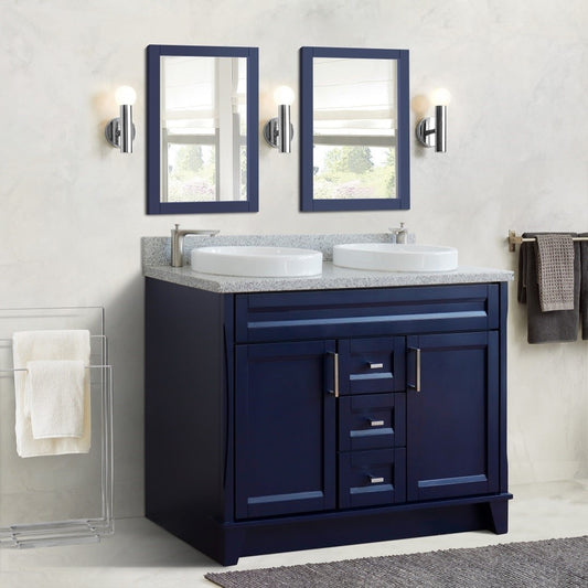 49" Double sink vanity in Blue finish with Gray granite and round sink