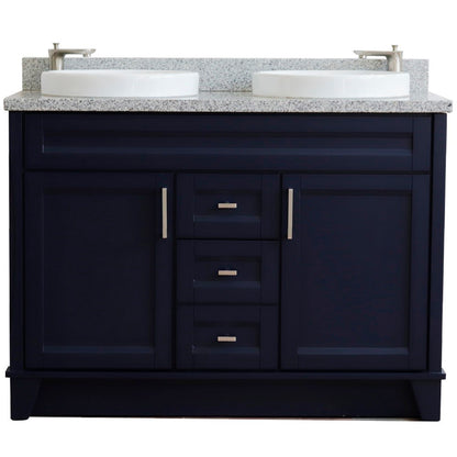 49" Double sink vanity in Blue finish with Gray granite and round sink