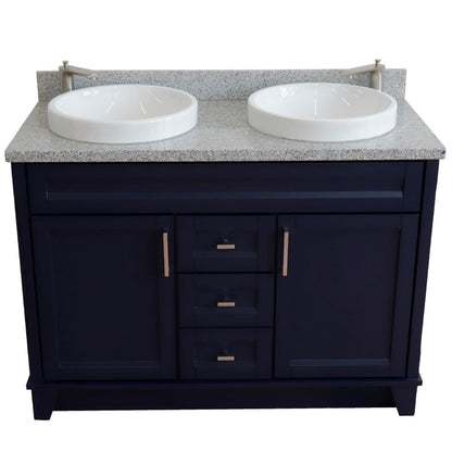 49" Double sink vanity in Blue finish with Gray granite and round sink