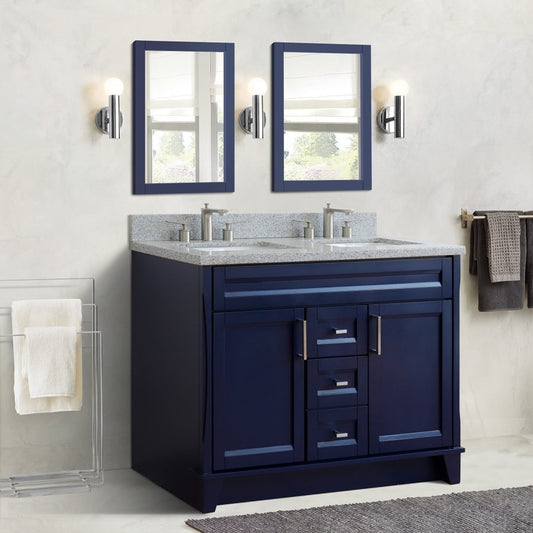 49" Double sink vanity in Blue finish with Gray granite and rectangle sink