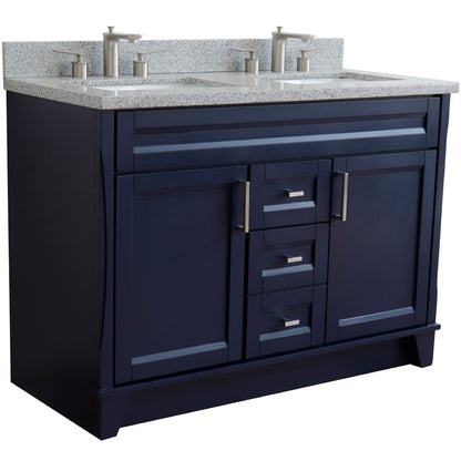 49" Double sink vanity in Blue finish with Gray granite and rectangle sink