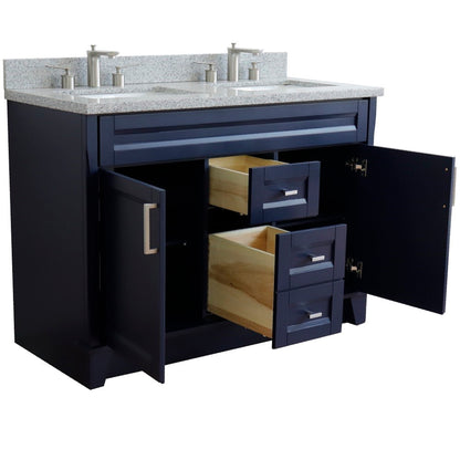 49" Double sink vanity in Blue finish with Gray granite and rectangle sink
