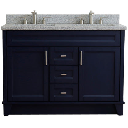 49" Double sink vanity in Blue finish with Gray granite and rectangle sink