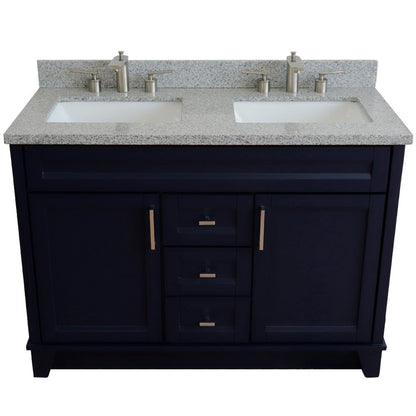 49" Double sink vanity in Blue finish with Gray granite and rectangle sink