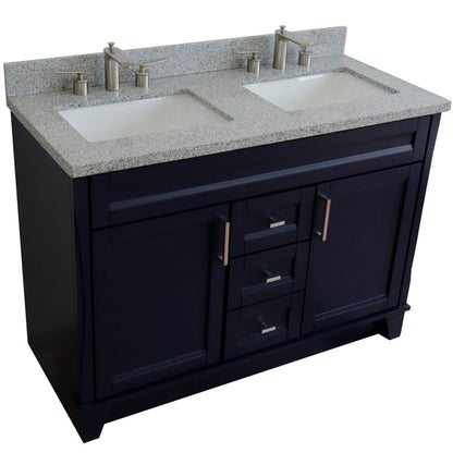 49" Double sink vanity in Blue finish with Gray granite and rectangle sink