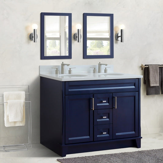 49" Double sink vanity in Blue finish with White engineered stone and oval sink