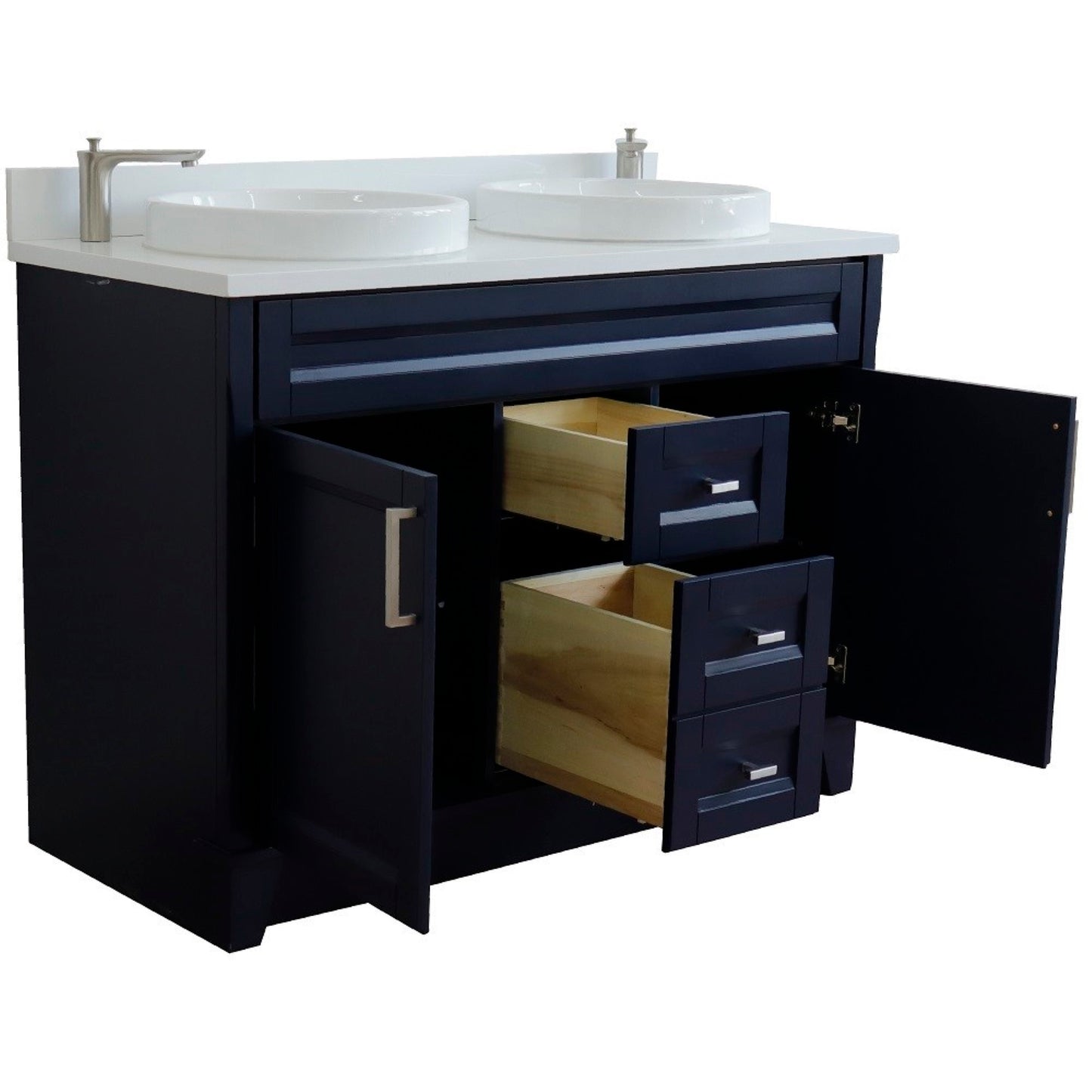 49" Double sink vanity in Blue finish with White engineered stone and round sink
