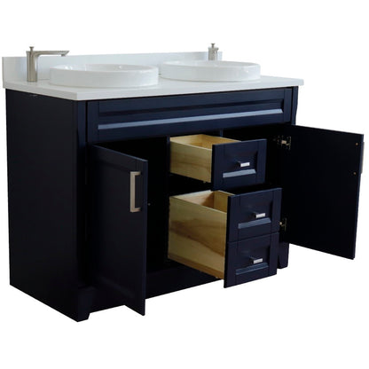 49" Double sink vanity in Blue finish with White engineered stone and round sink