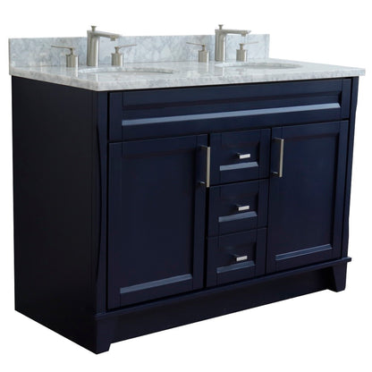 49" Double sink vanity in Blue finish with White Carrara marble and oval sink