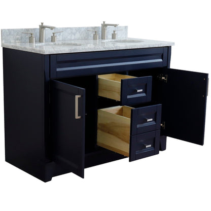 49" Double sink vanity in Blue finish with White Carrara marble and oval sink