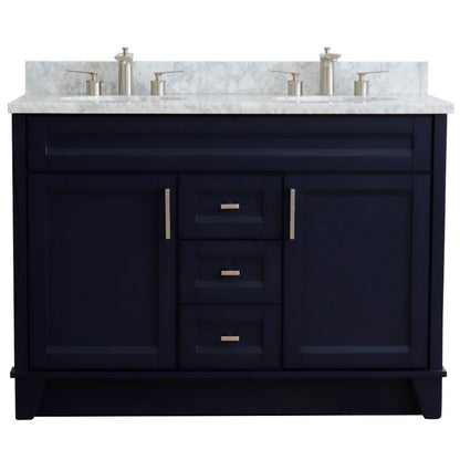 49" Double sink vanity in Blue finish with White Carrara marble and oval sink
