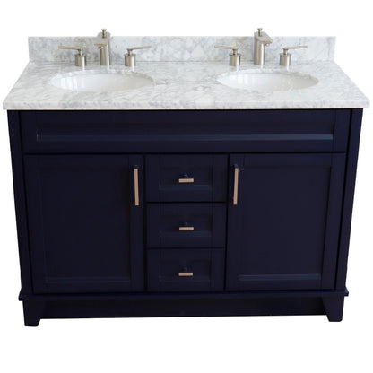 49" Double sink vanity in Blue finish with White Carrara marble and oval sink