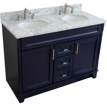 49" Double sink vanity in Blue finish with White Carrara marble and oval sink
