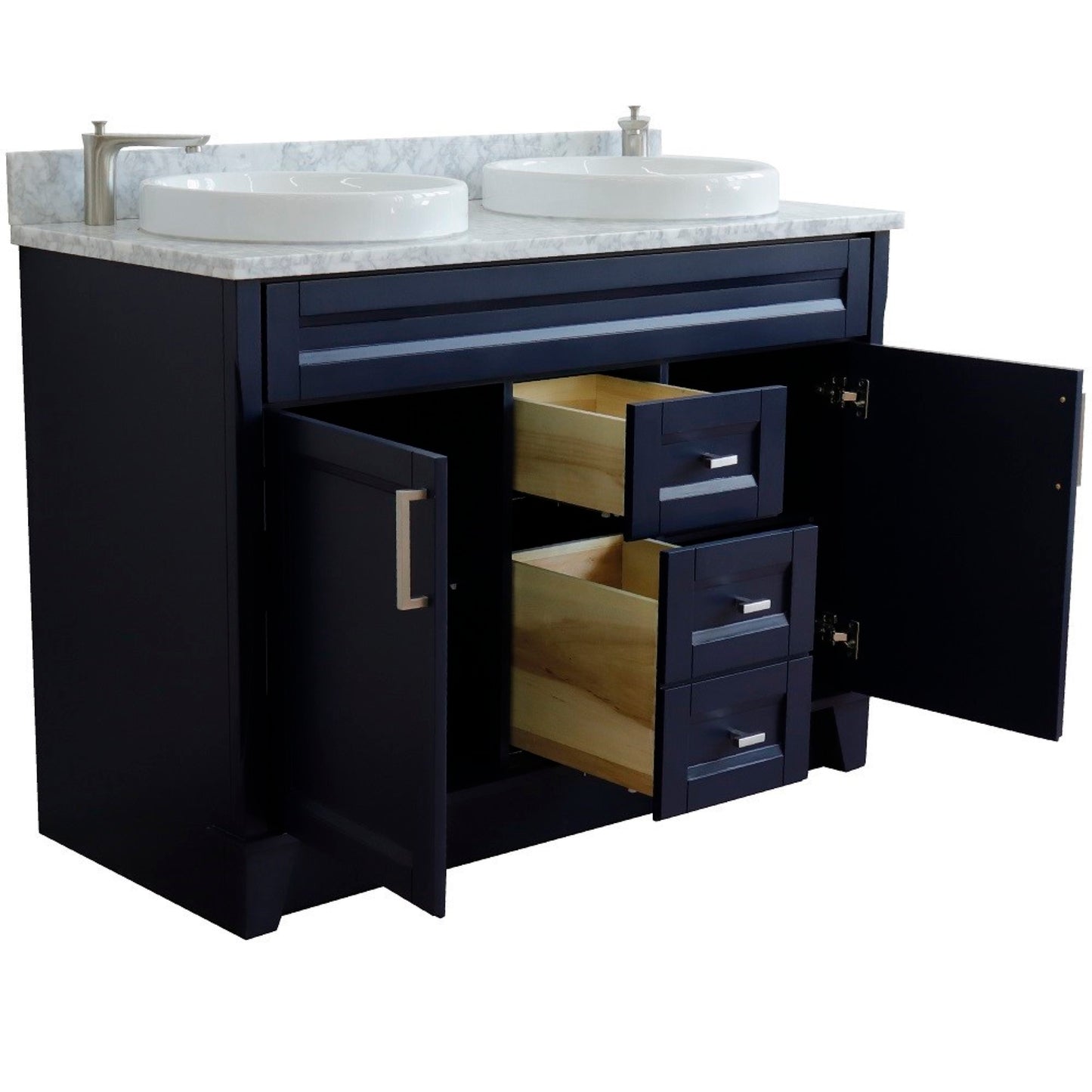 49" Double sink vanity in Blue finish with White Carrara marble and round sink