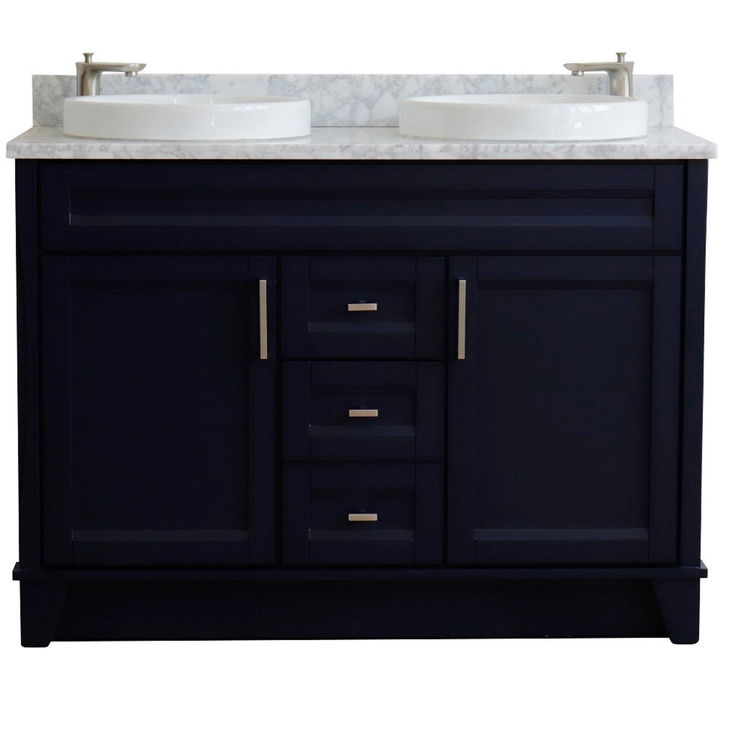49" Double sink vanity in Blue finish with White Carrara marble and round sink
