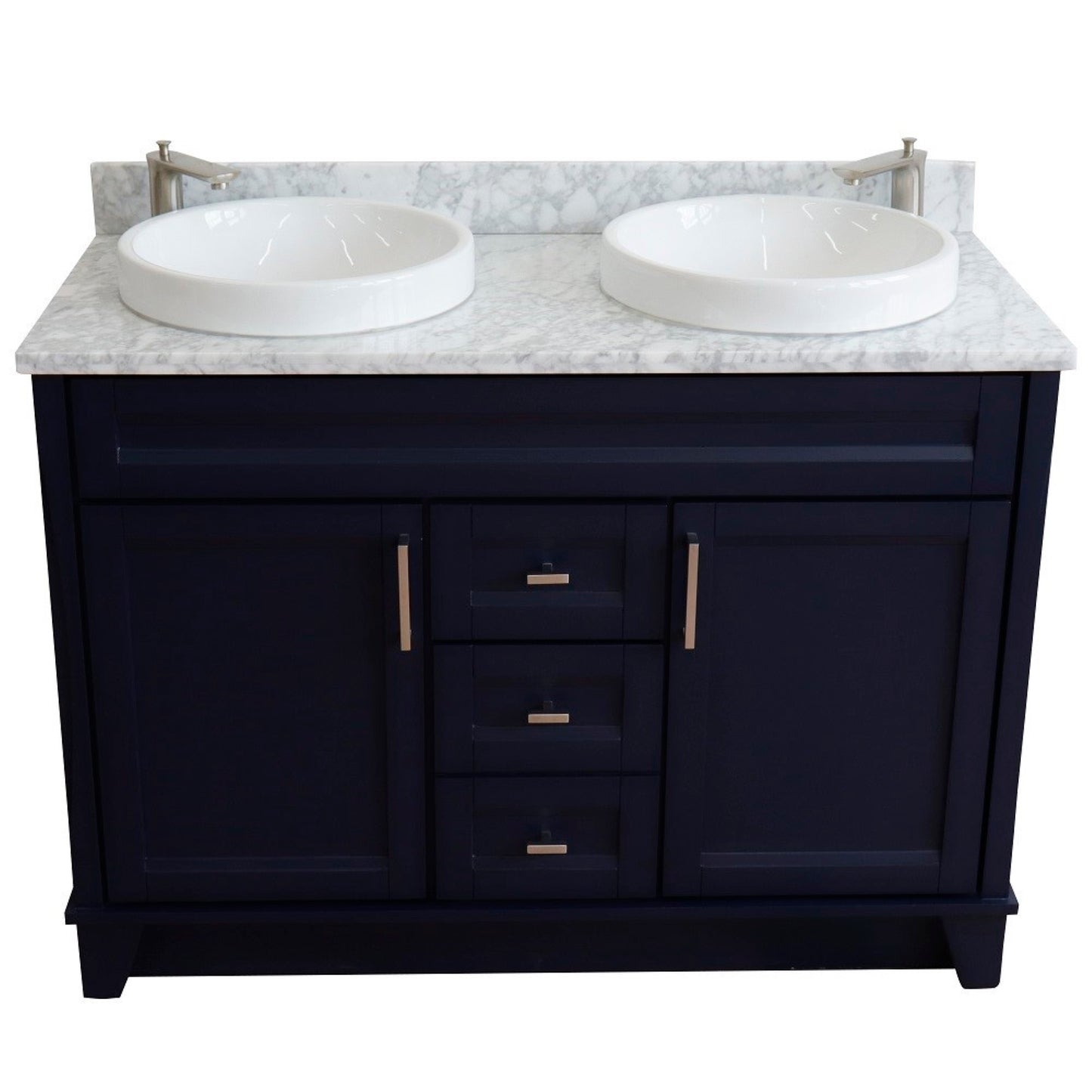 49" Double sink vanity in Blue finish with White Carrara marble and round sink