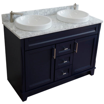 49" Double sink vanity in Blue finish with White Carrara marble and round sink
