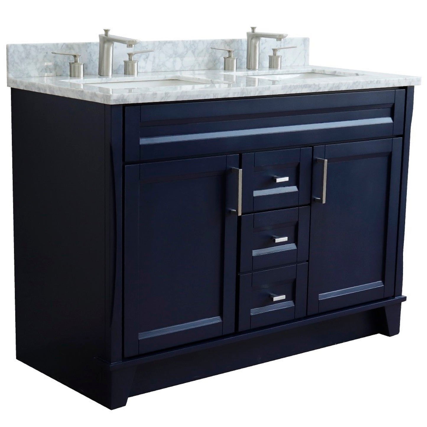 49" Double sink vanity in Blue finish with White Carrara marble and rectangle sink