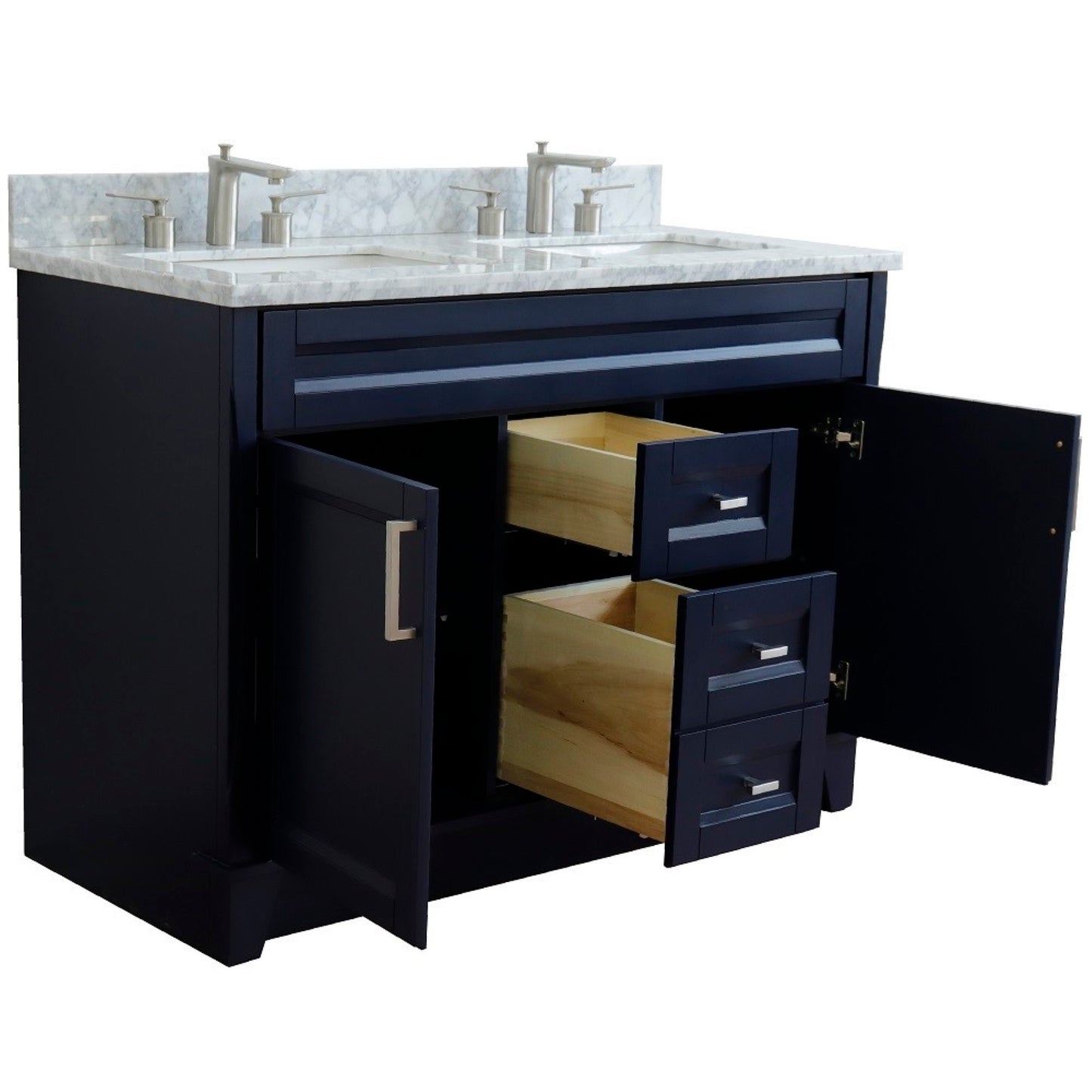 49" Double sink vanity in Blue finish with White Carrara marble and rectangle sink
