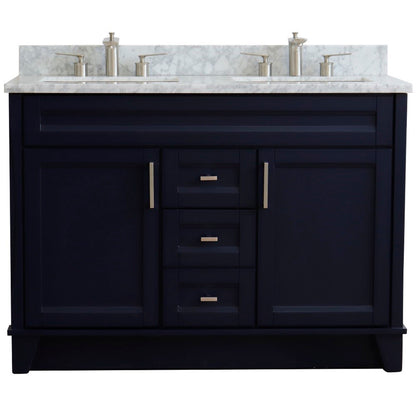 49" Double sink vanity in Blue finish with White Carrara marble and rectangle sink