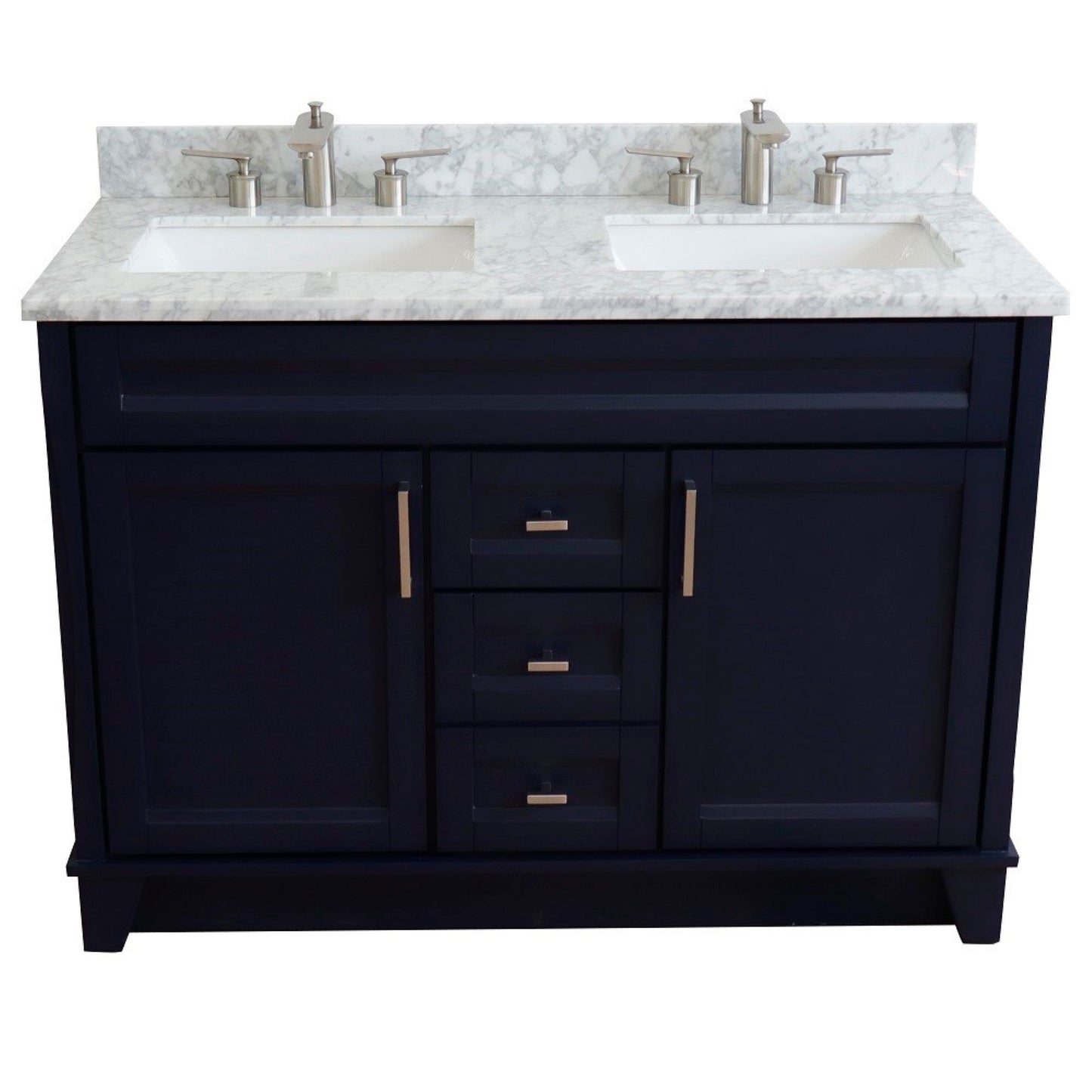 49" Double sink vanity in Blue finish with White Carrara marble and rectangle sink
