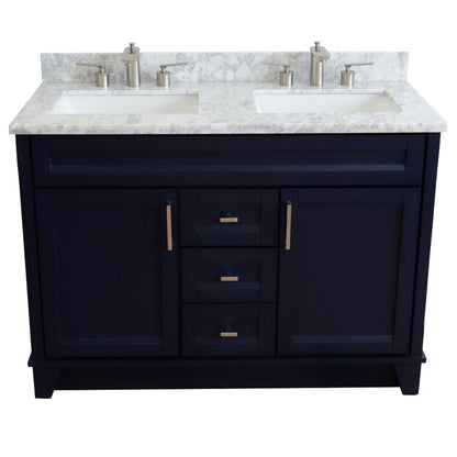 49" Double sink vanity in Blue finish with White Carrara marble and rectangle sink